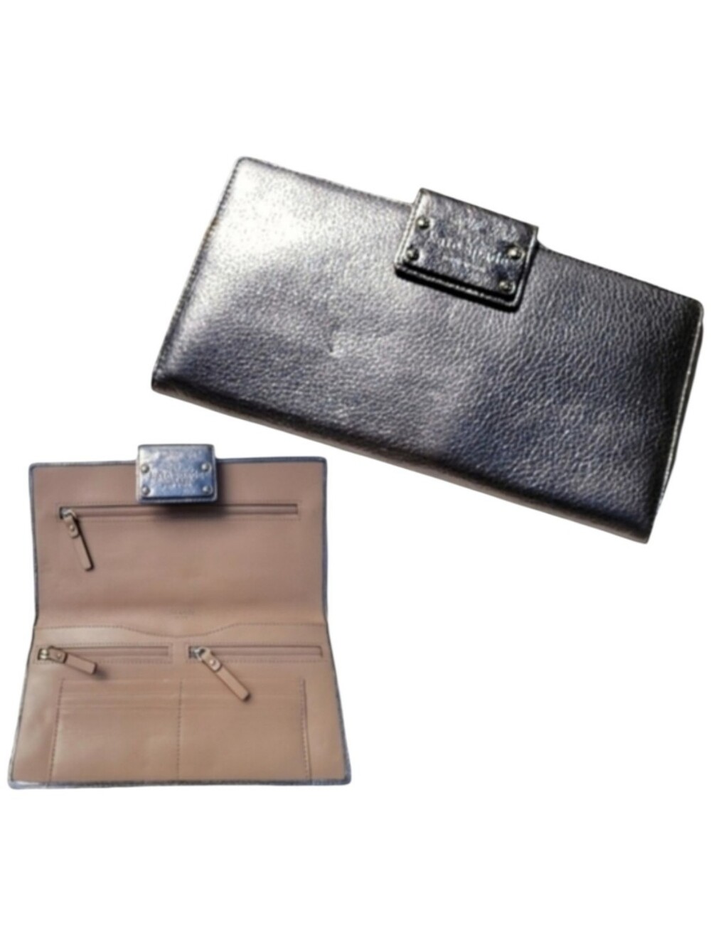 Kate Spade Womens Metallic Silver Leather Oversized Bifold Clutch Wallet Handbag
